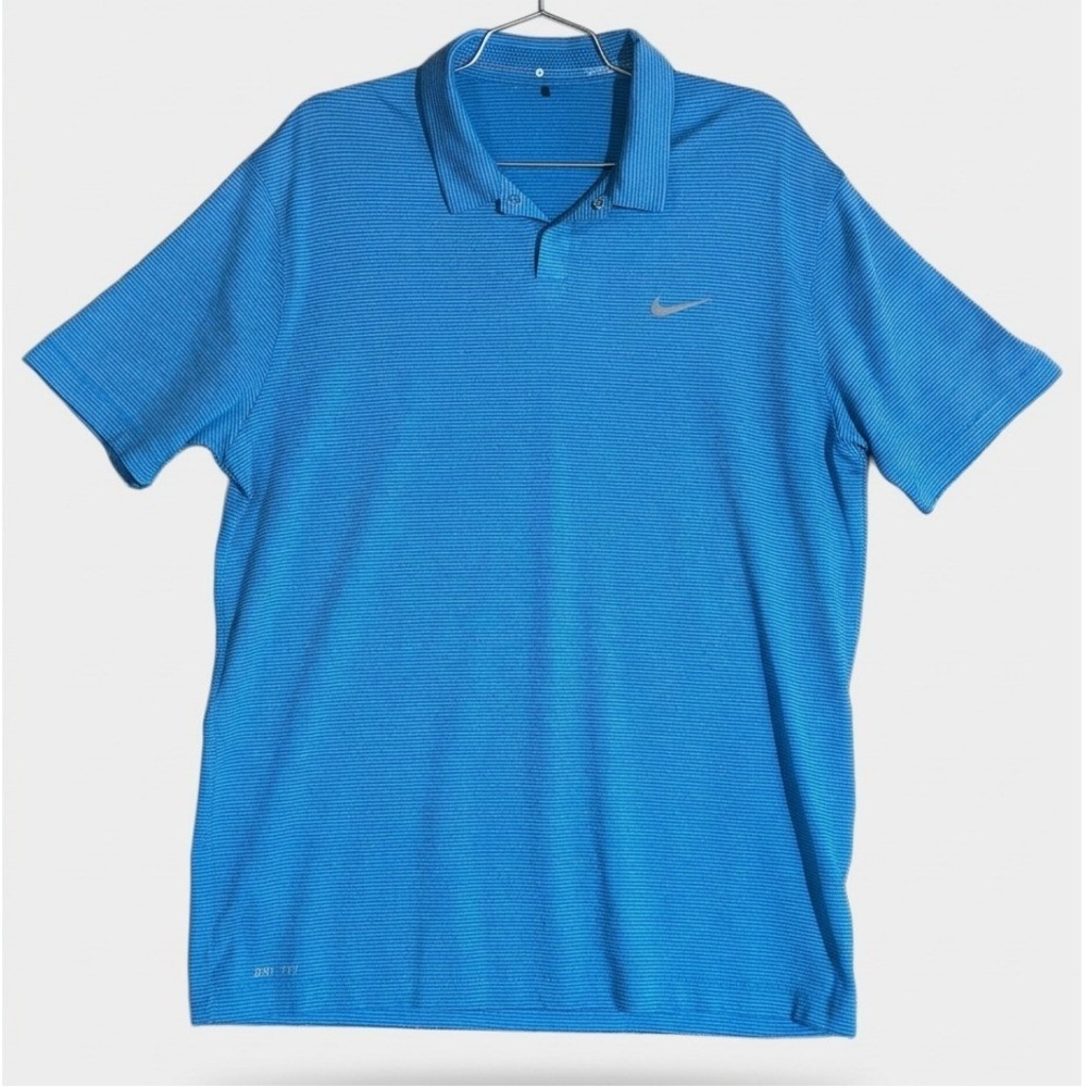 Nike Tiger Woods Collection Polo Shirt Mens Large Blue Dri-Fit Golf Top Striped